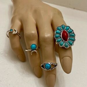 Vintage, 4pc Silver Tone- Faux Turquoise Rings (C)